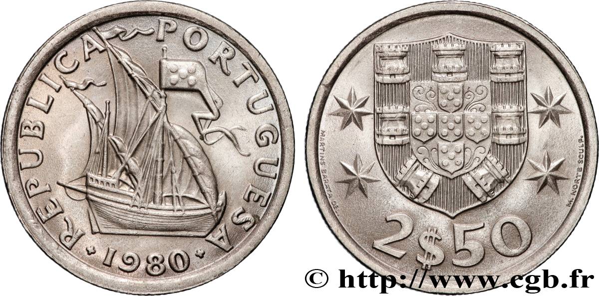 PORTUGAL 2 1/2 Escudos emblème / voilier 1980 Lisbonne SPL 