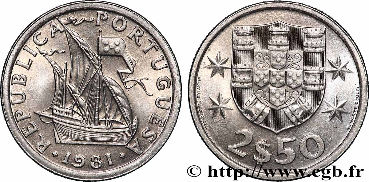 PORTUGAL 2 1/2 Escudos emblème / voilier 1981 Lisbonne SPL 