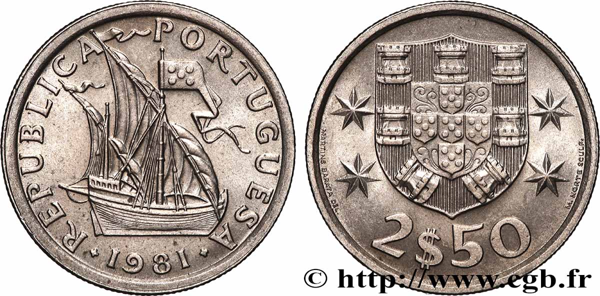PORTUGAL 2 1/2 Escudos emblème / voilier 1981 Lisbonne fST 