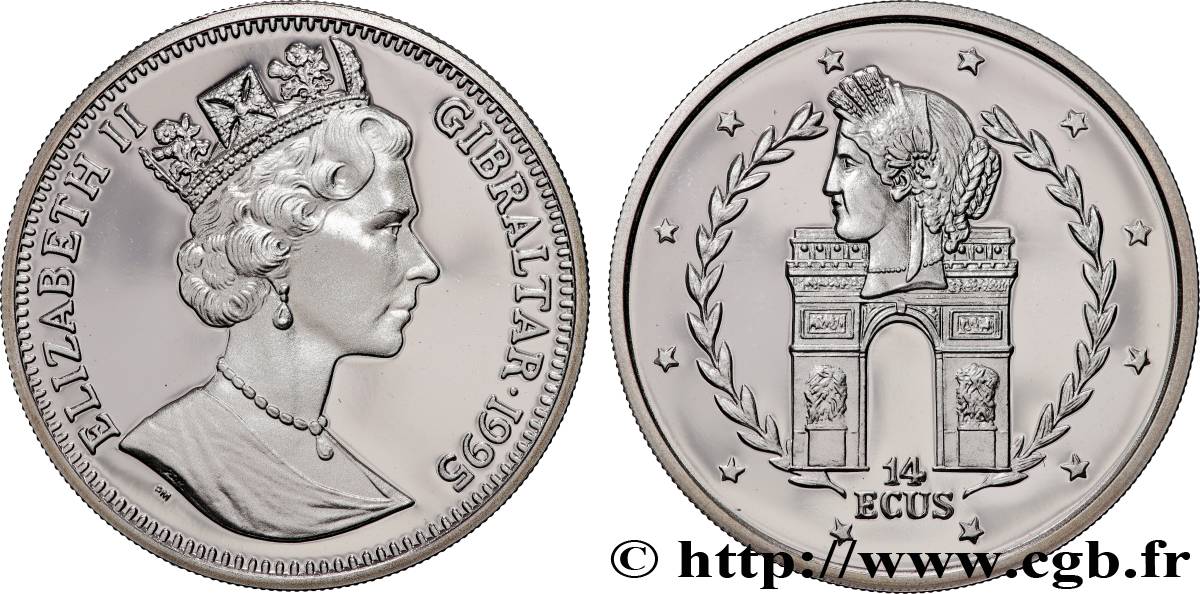 GIBRALTAR 14 Ecus Proof Elisabeth II / Arc de Triomphe et tête de Cérès 1995 Pobjoy Mint MS 
