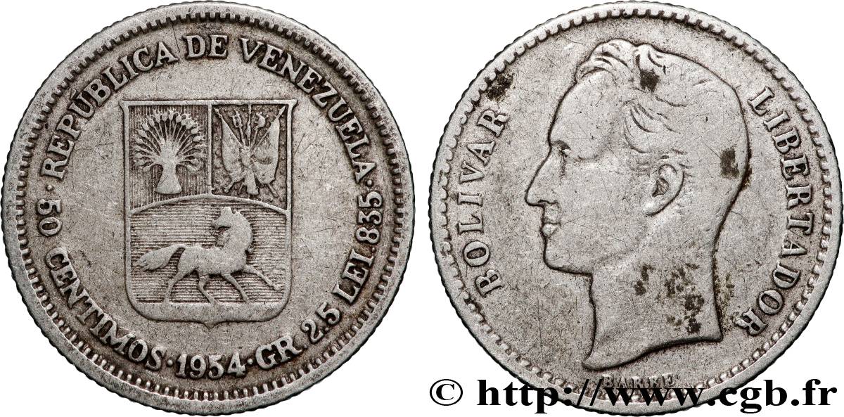 VENEZUELA 50 Centimos emblème / Simon Bolivar 1954 Philadelphie VF 