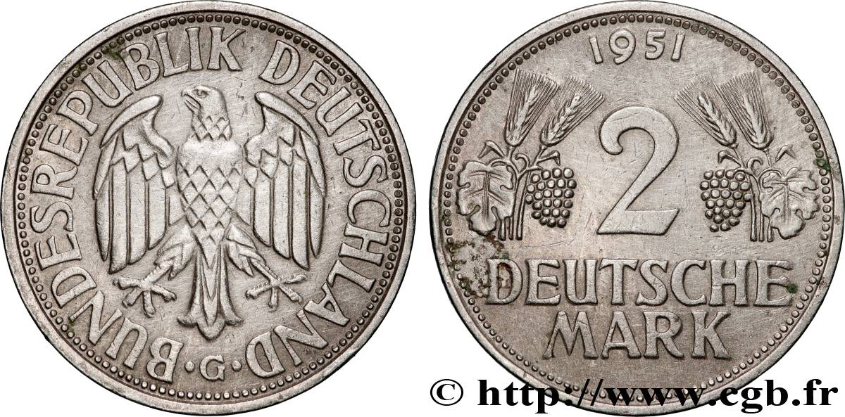 ALLEMAGNE 2 Mark aigle 1951 Karlsruhe- G TTB+ 