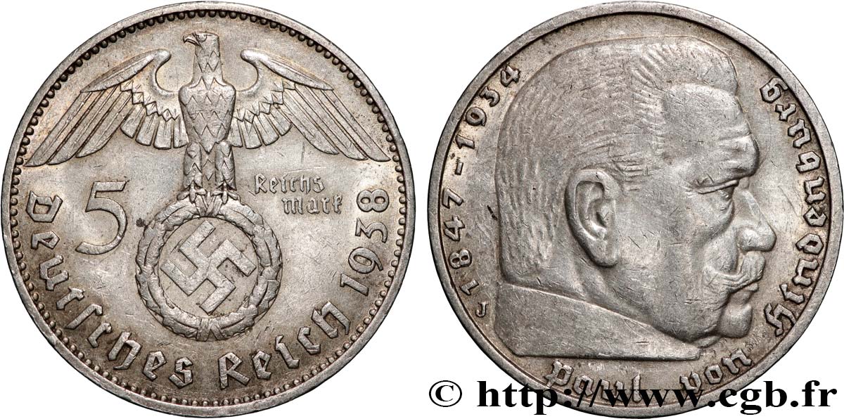ALLEMAGNE 5 Reichsmark Aigle / Maréchal Paul von Hindenburg 1938 Hambourg TTB+ 