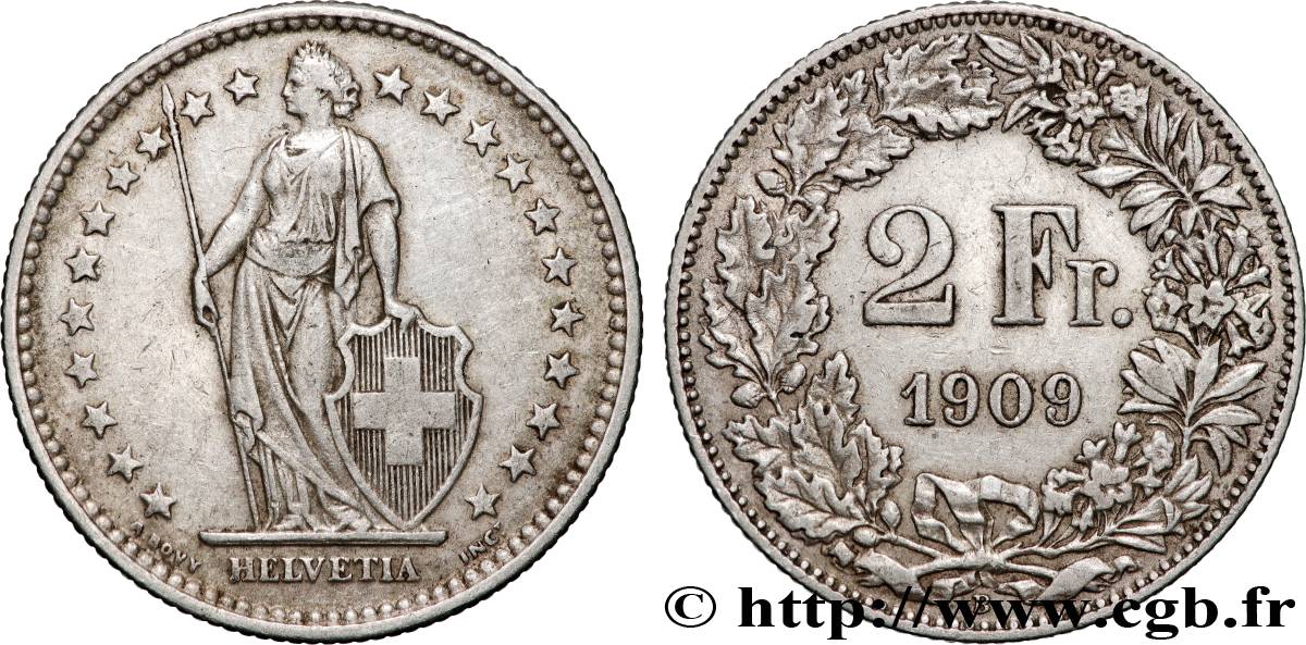 SWITZERLAND 2 Francs Helvetia 1909 Berne - B XF 