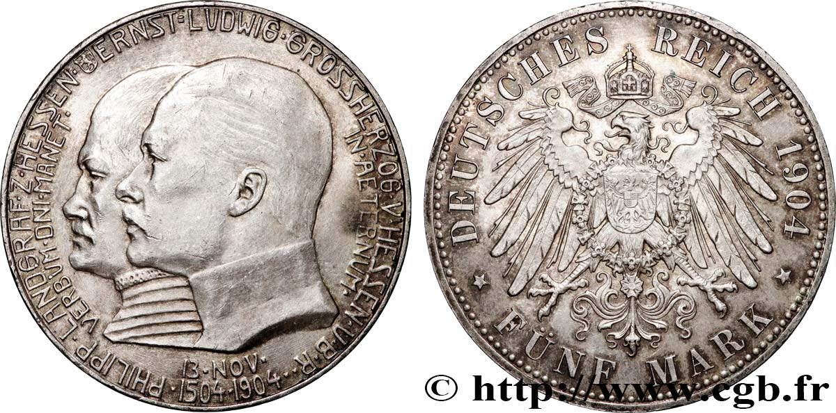 GERMANY - HESSE 5 Mark 400e anniversaire de la naissance de Philippe le Magnanime 1904 Berlin AU 