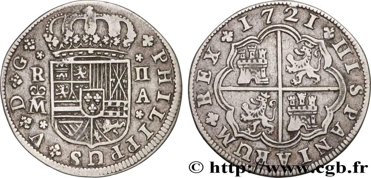 SPAIN - KINGDOM OF SPAIN - PHILIP V OF BOURBON 2 Reales  1721 Madrid XF 