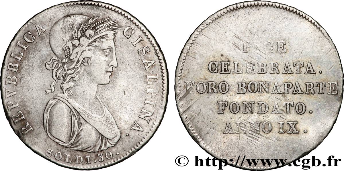 ITALY - CISALPINE REPUBLIC 30 soldi an IX (1801) Milan VF 