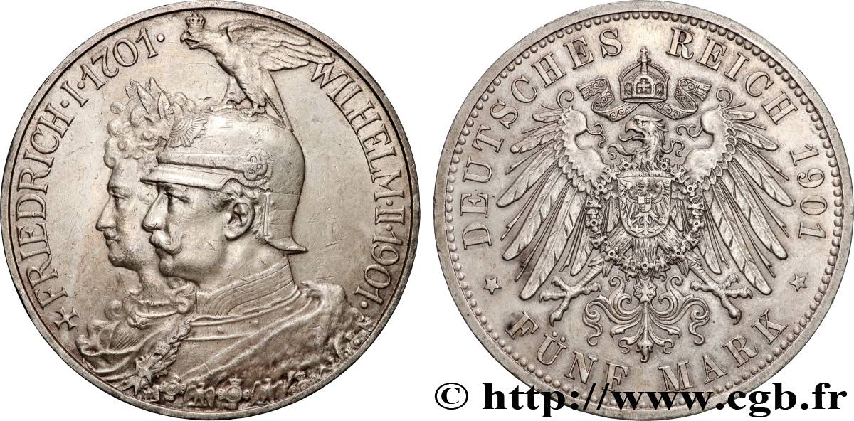 GERMANY - KINGDOM OF PRUSSIA - WILLIAM II 5 mark, bicentenaire du royaume de Prusse 1901 Berlin AU 