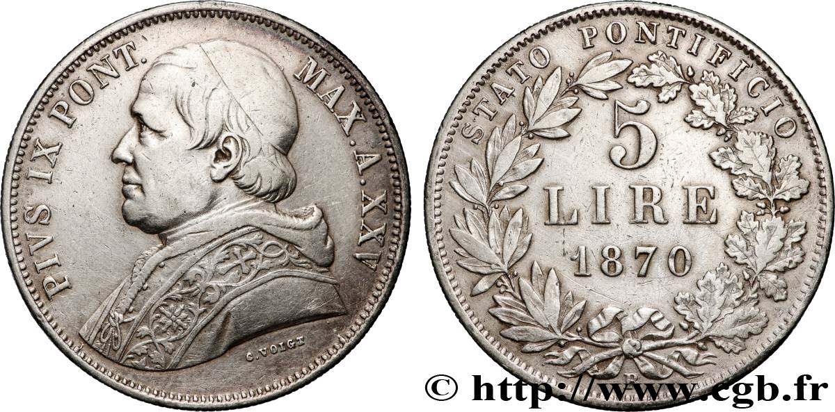 VATICAN AND PAPAL STATES 5 Lire Pie IX an XXIV 1870 Rome XF 
