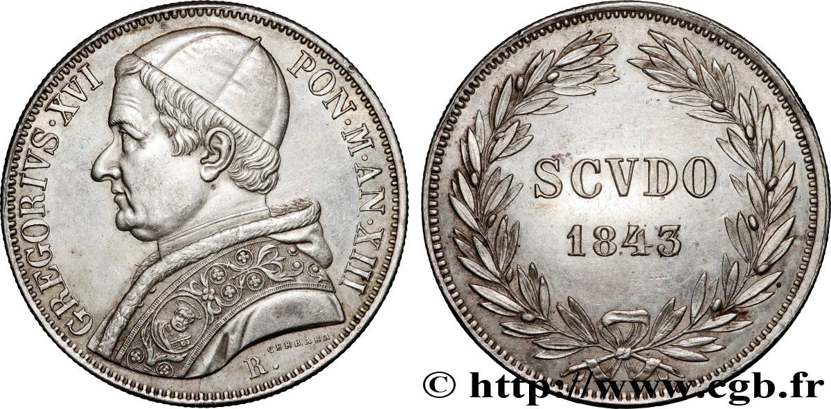 VATICANO E STATO PONTIFICIO Scudo Grégoire XVI an XIII 1843 Rome q.SPL 