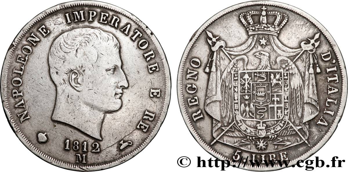 ITALIA - REINO DE ITALIA - NAPOLEóNE I 5 Lire 1812 Milan BC+ 
