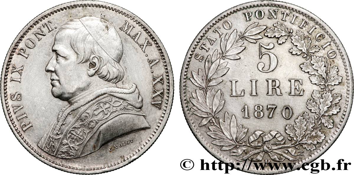 VATICAN AND PAPAL STATES 5 Lire Pie IX an XXIV 1870 Rome XF 