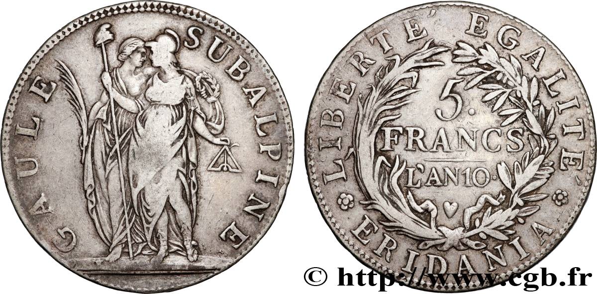 ITALY - SUBALPINE GAUL 5 Francs an 10 1802 Turin XF 