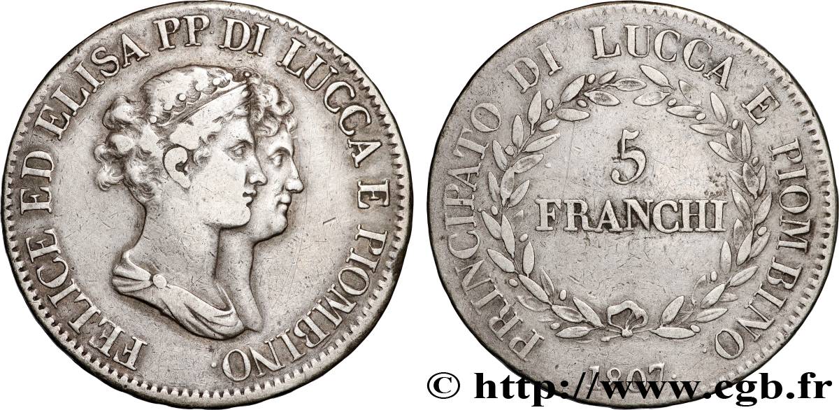 ITALY - PRINCIPALTY OF LUCCA AND PIOMBINO - FELIX BACCIOCHI AND ELISA BONAPARTE 5 Franchi 1807 Florence VF 