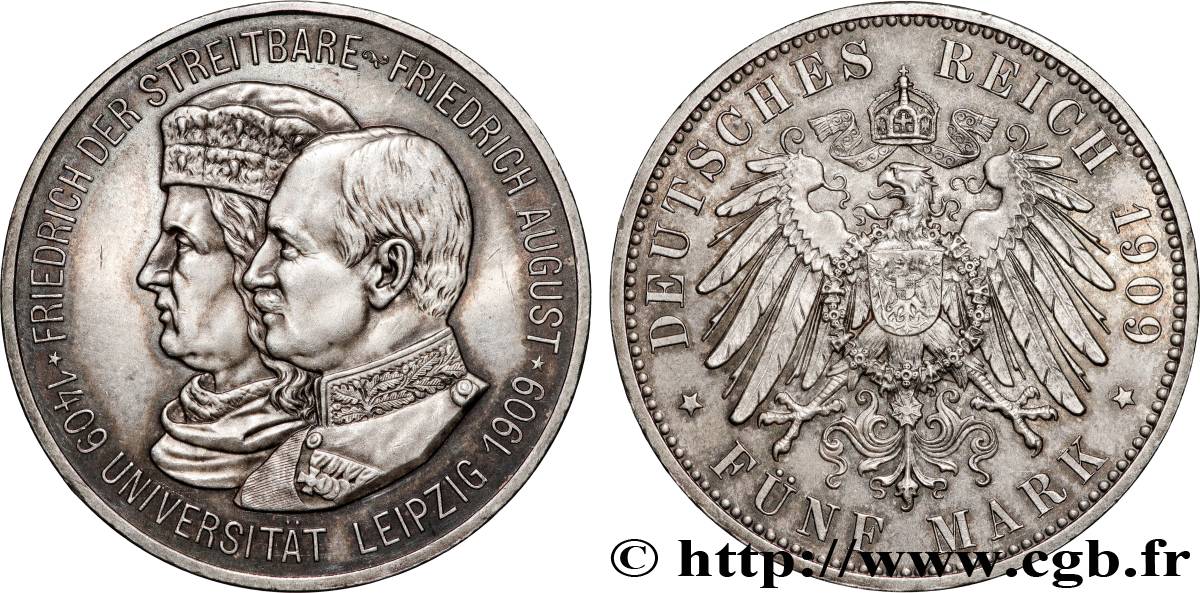 GERMANY - SAXONY 5 Mark 500e anniversaire de l université de Leipzig 1909 Muldenhütten AU 