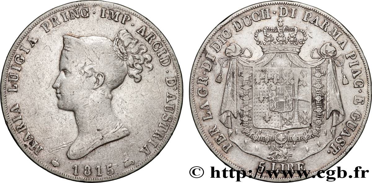 ITALY - DUCHY OF PARMA DE PIACENZA AND GUASTALLA - MARIE-LOUISE OF AUSTRIA 5 Lire 1815 Milan VF 