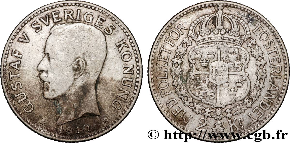 SWEDEN 2 Kronor Gustave V 1910  VF 