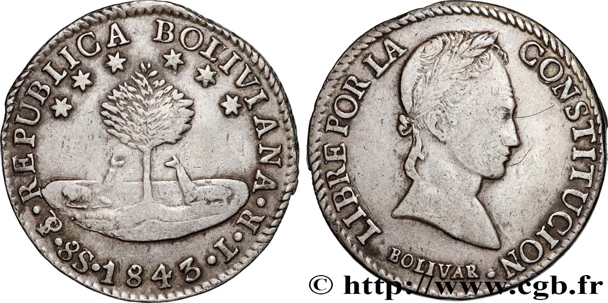 BOLIVIA 8 Soles Simon Bolivar 1843 Potosi XF 