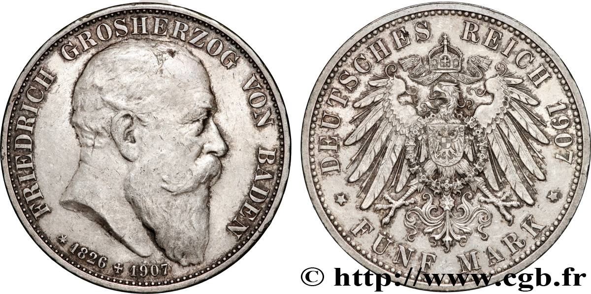GERMANY - GRAND DUCHY OF BADEN - FREDERICK I 5 Mark  1907 Karlsruhe AU 