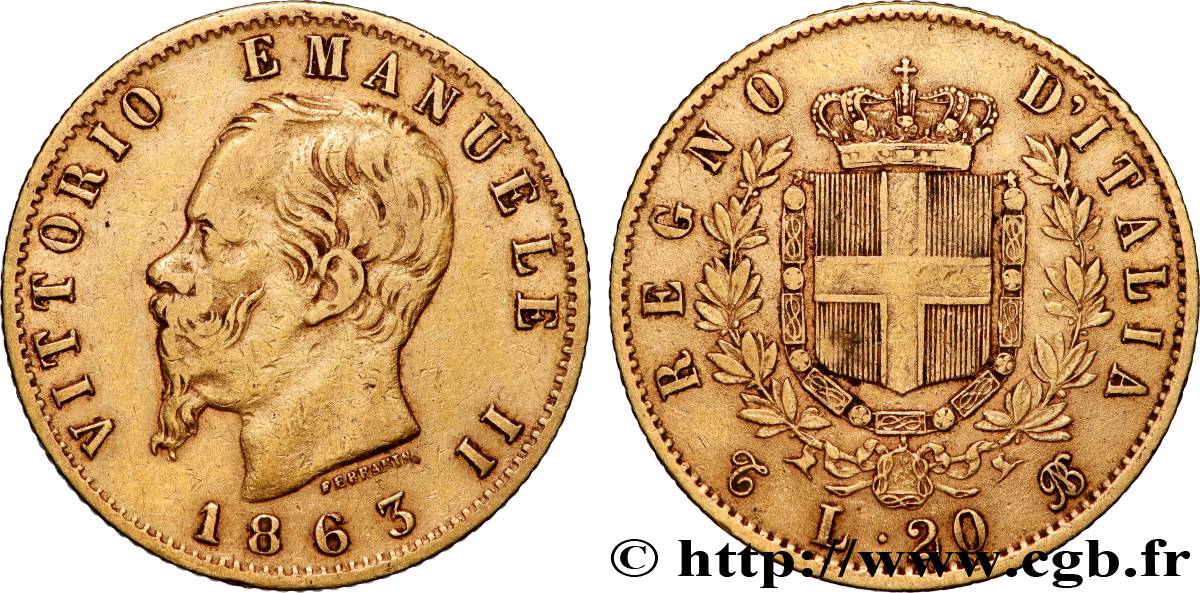 OR, PALLADIUM ET PLATINE INVESTISSEMENT 20 Lire Victor Emmanuel II 1863 Turin TTB 