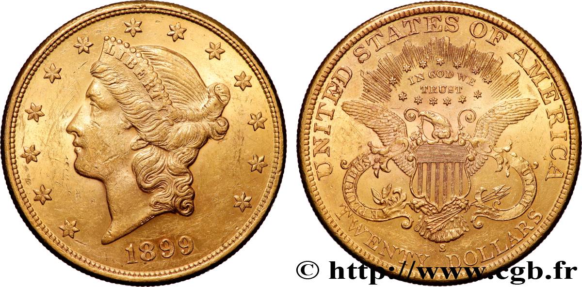 GOLD, PALLADIUM & PLATINUM INVESTMENT 20 Dollars  Liberty  1899 San Francisco AU 