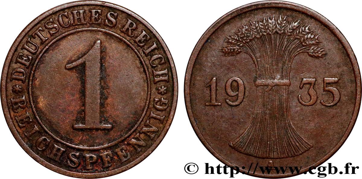 DEUTSCHLAND 1 Reichspfennig gerbe de blé 1935 Berlin VZ 