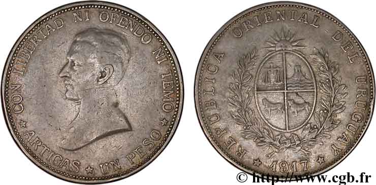 URUGUAY 1 Peso Gaucho Jose Gervasio Artigas 1917  XF 