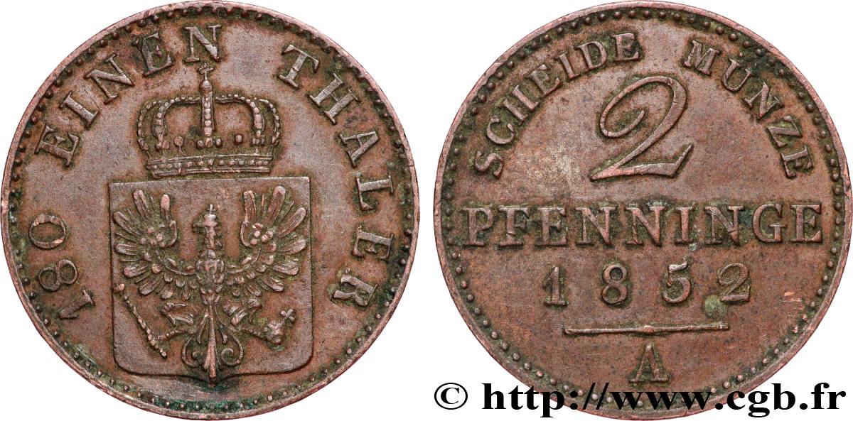 ALLEMAGNE - PRUSSE 2 Pfenninge Royaume de Prusse écu à l’aigle 1852 Berlin TTB+ 