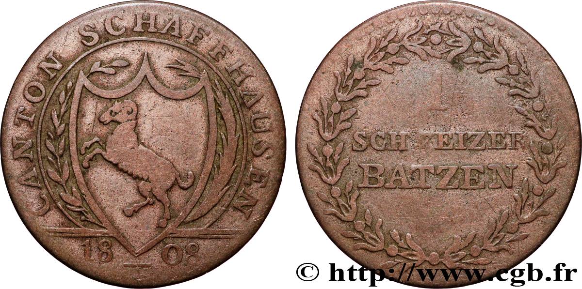 SUISSE - CONFÉDÉRATION HELVÉTIQUE - CANTON DE SCHAFFHAUSEN 1 Batzen 1808  VF 