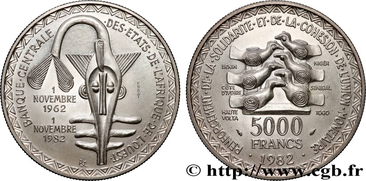 ÉTATS DE L AFRIQUE DE L OUEST (BCEAO) Essai 5000 Francs masque 1982 Paris SUP 