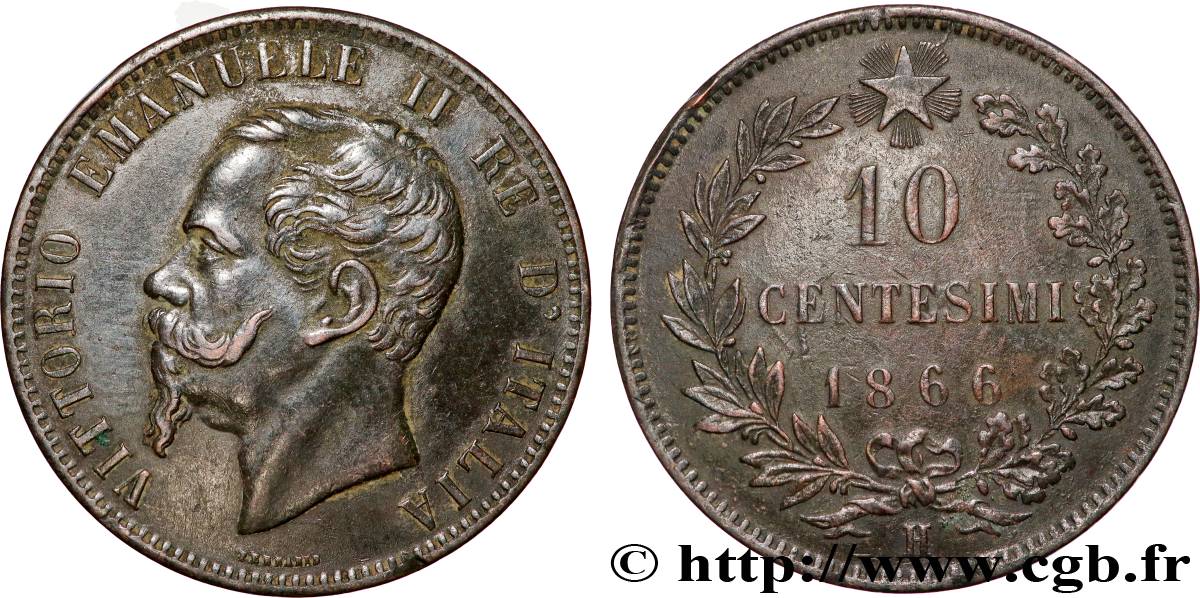 ITALY 10 Centesimi Victor Emmanuel II roi d’Italie 1866 Birmingham XF 