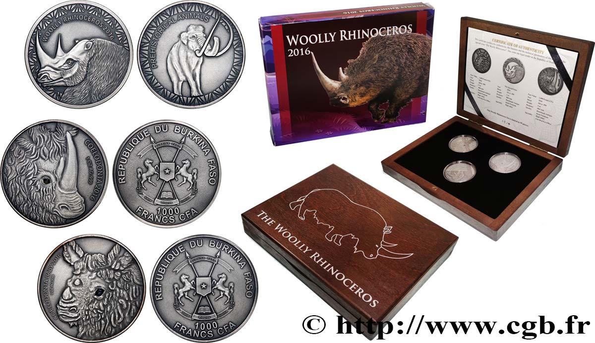 BURKINA FASO Coffret 2 x 1000 Francs CFA + médailles Rhinocéros laineux 2016 Kabelsketal ST 