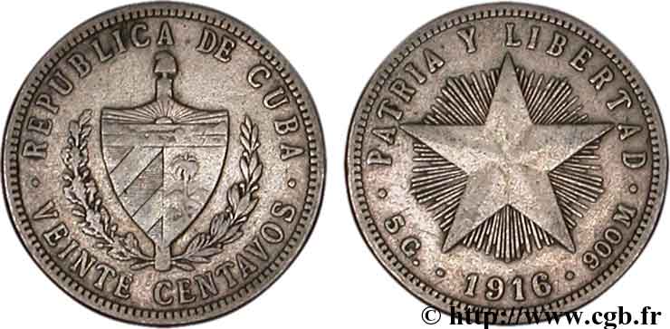CUBA 20 Centavos emblème / étoile 1916  TTB 