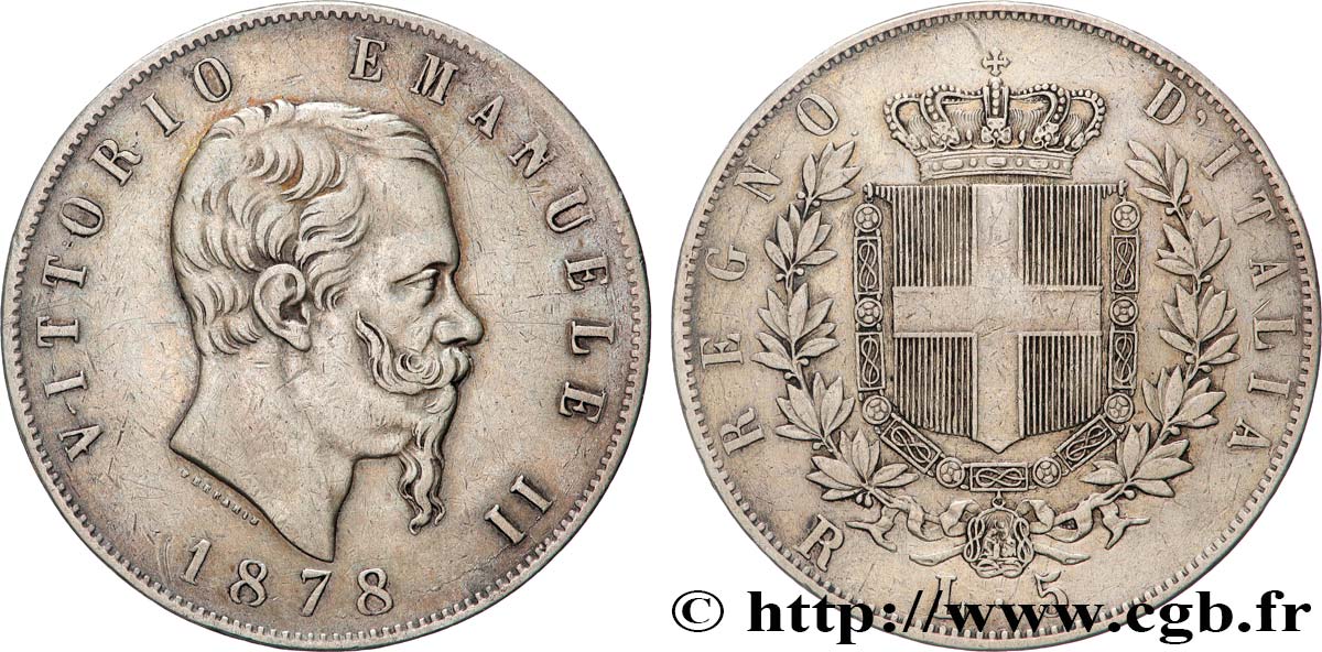 ITALY - KINGDOM OF ITALY - VICTOR-EMMANUEL II 5 Lire  1878 Rome XF 
