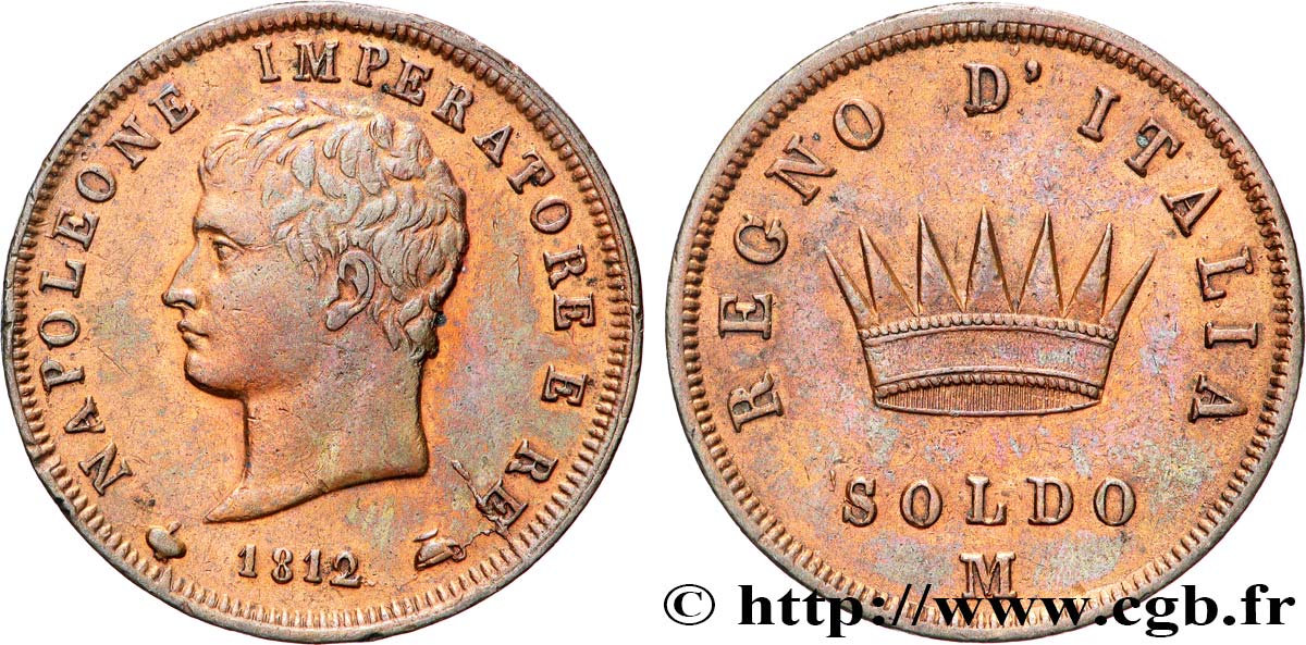 ITALIA - REINO DE ITALIA - NAPOLEóNE I 1 Soldo 1812 Milan MBC+ 