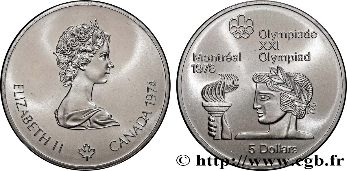 CANADA 5 Dollars JO Montréal 1976 torche olympique 1974 Ottawa MS 