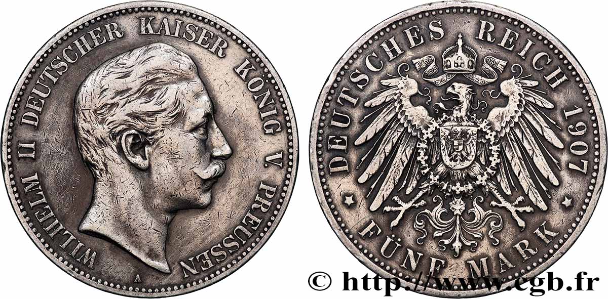 ALEMANIA - REINO DE PRUSIA - GUILLERMO II 5 Mark  1907 Berlin MBC 