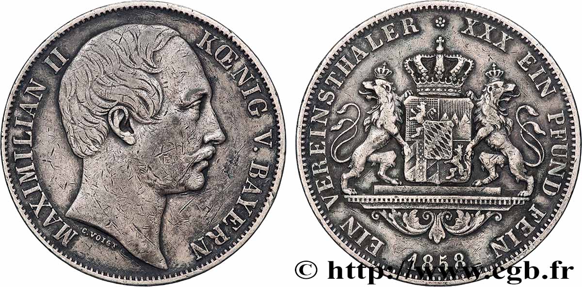 GERMANY - KINGDOM OF BAVARIA - MAXIMILIAN II JOSEPH Thaler  1858  VF 