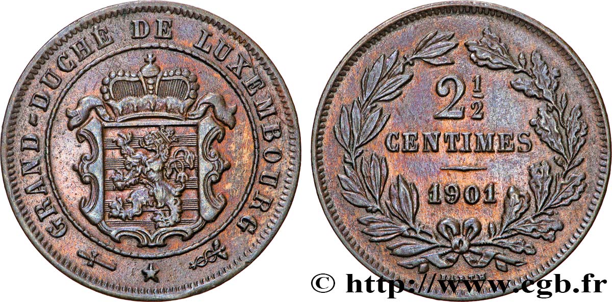 LUXEMBOURG 2 1/2 Centimes écu couronné 1901 Utrecht AU 