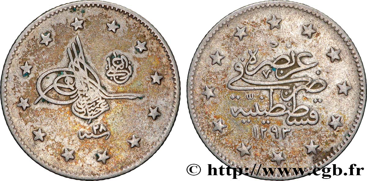 TURQUIE 2 Kurush Abdul Hamid II an 28 AH 1293 (1903) Constantinople TTB 
