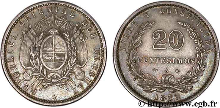 URUGUAY 20 Centesimos 1877 Paris - A EBC 