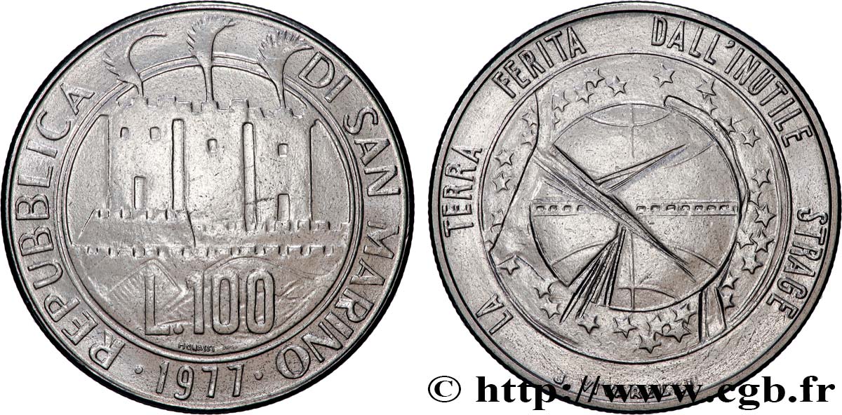 SAN MARINO 100 Lire 3 tours / écologie : la Terre blessée 1977 Rome VZ 