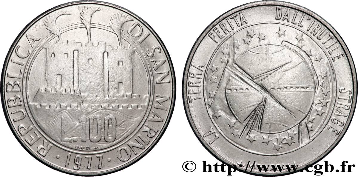 SAINT-MARIN 100 Lire 3 tours / écologie : la Terre blessée 1977 Rome SUP 