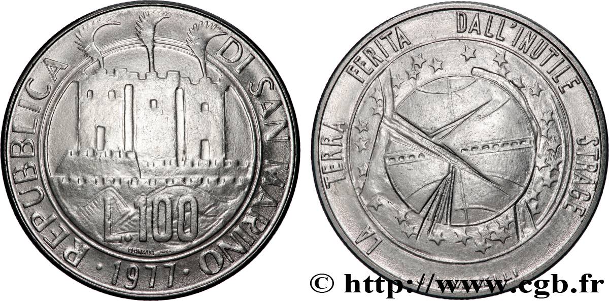 SAN MARINO 100 Lire 3 tours / écologie : la Terre blessée 1977 Rome AU 