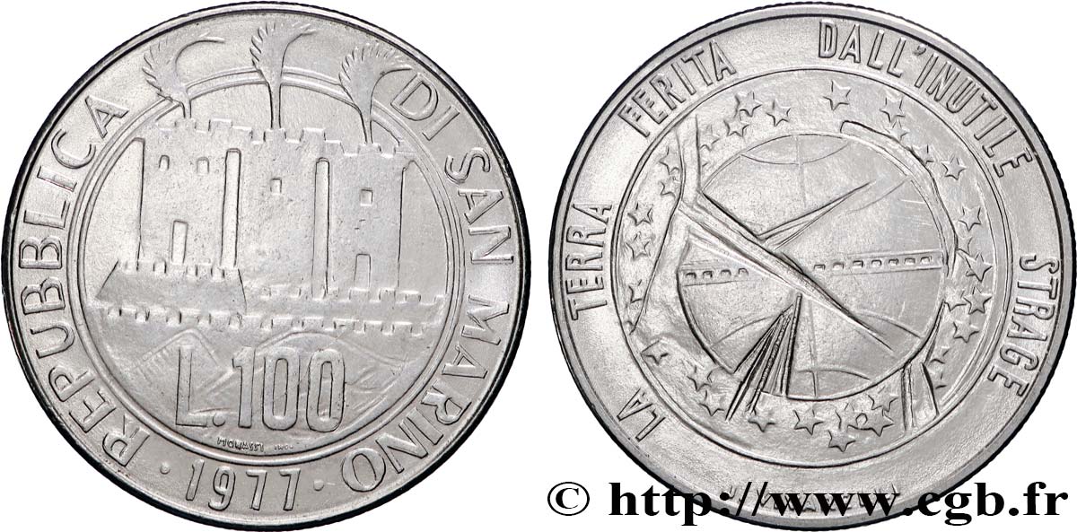 SAN MARINO 100 Lire 3 tours / écologie : la Terre blessée 1977 Rome AU 