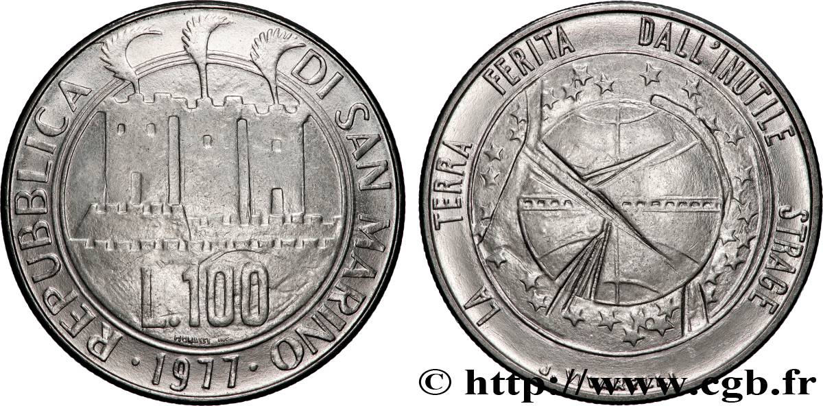 SAINT-MARIN 100 Lire 3 tours / écologie : la Terre blessée 1977 Rome SUP 