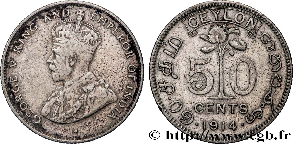 CEILáN 50 Cents Georges V 1914 Londres BC+ 
