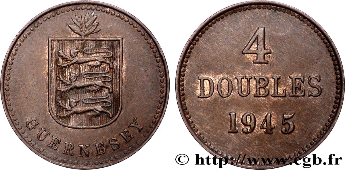 GUERNESEY 4 Doubles armes du baillage de Guernesey 1945 Heaton TTB+ 