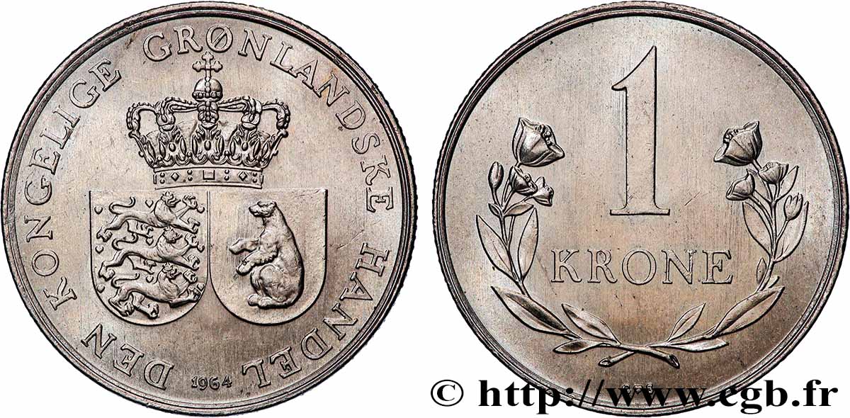 GROENLANDIA 1 Krone deux écus accolés et couronnés 1964 Copenhague EBC 