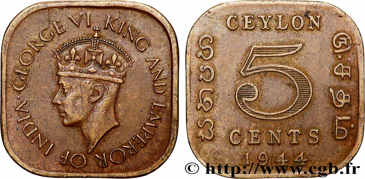 CEYLON 5 Cents Georges VI 1944  VF 